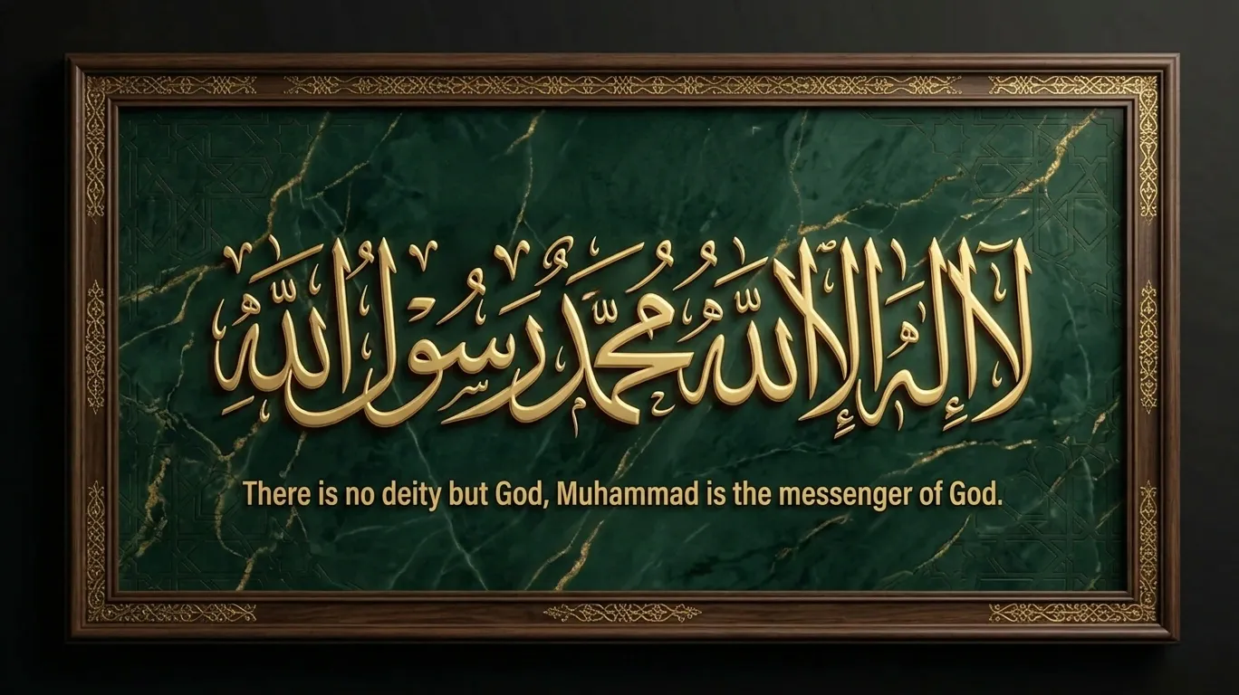Golden 3D Thuluth Arabic calligraphy of the Shahada, "La ilaha illallah Muhammadur rasulullah," centered on a dark green marble background within a classic wooden frame, featuring the English translation below it.