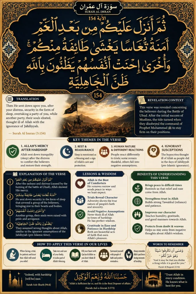 Islamic infographic explaining Surah Aal-e-Imran Ayat 154 with Arabic calligraphy, translation, lessons, and Quranic wisdom in elegant gold and navy design.
