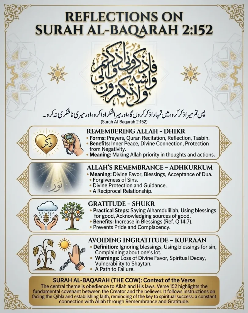 A comprehensive 912x1147 infographic titled 'Reflections on Surah Al-Baqarah 2:152' containing categorized sections detailing the forms of Remembering Allah (Dhikr), Allah's Remembrance (Adhkurkum), Gratitude (Shukr), and Avoiding Ingratitude (Kufraan) alongside explanatory icons.