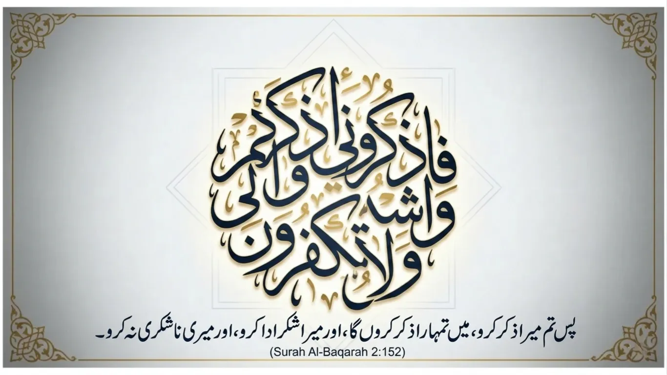 Elegant Thuluth script Arabic calligraphy of Quran verse Surah Al-Baqarah 2:152 rendered in dark blue with a subtle gold shadow, featuring its Urdu translation at the bottom against a clean, white-grey textured background with decorative gold corner borders.