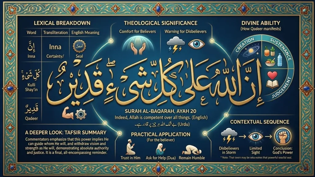 Premium gold Thuluth calligraphy infographic of Surah Al-Baqarah Ayat 20 (Inna Allaha 'ala kulli shayin qadeer), featuring word-by-word lexical breakdown, English and Urdu translations, and theological Tafsir on a dark blue glassmorphism background.
