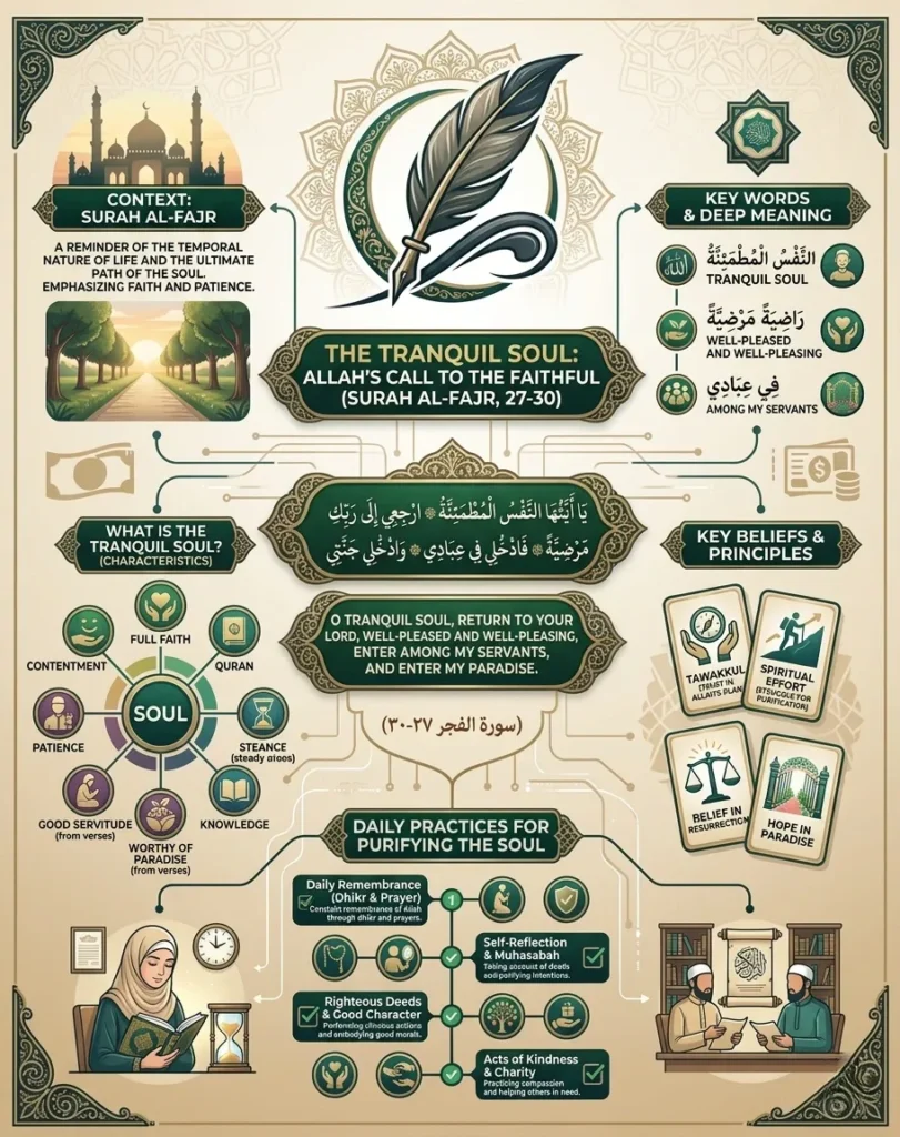 Detailed Islamic infographic explaining Surah Al-Fajr verses 27 to 30. It features the Arabic text, characteristics of a tranquil soul, key spiritual principles, and daily practices for believers to achieve inner peace.