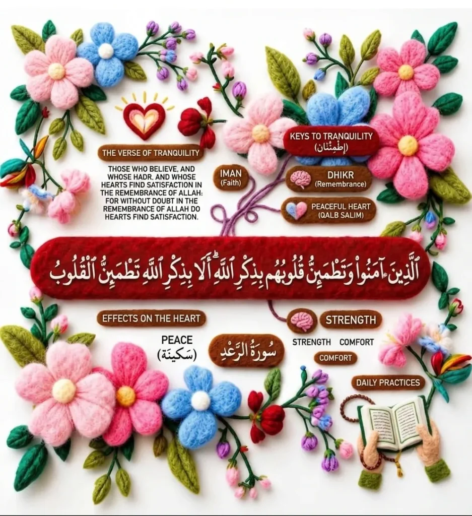 3D wool embroidery infographic of Surah Ar-Ra'd Verse 28, illustrating keys to heart tranquility, Iman, Sakinah, and daily Dhikr practices with text labels and floral elements.