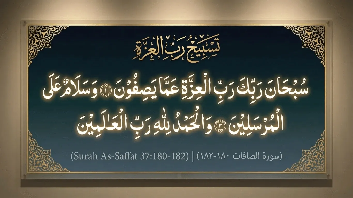 Elegant Arabic calligraphy of Surah As-Saffat verses 180-182 featuring “Subhan Rabbika Rabbil Izzati” in glowing Islamic wall art style.