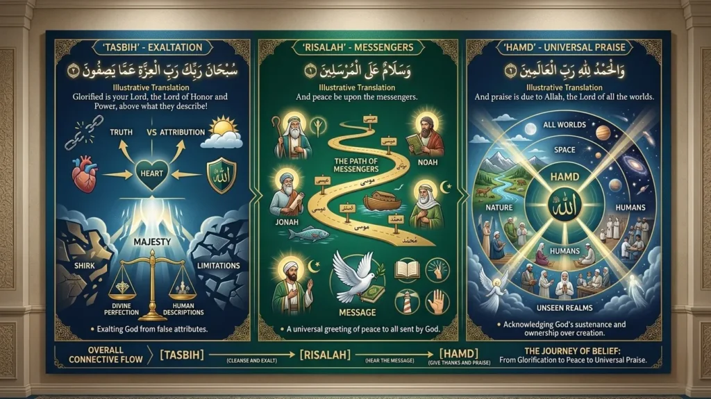 Detailed Islamic infographic illustrating Surah As-Saffat 37:180-182 with themes of Tasbih, Risalah, and Hamd using Arabic calligraphy and symbolic visual storytelling.