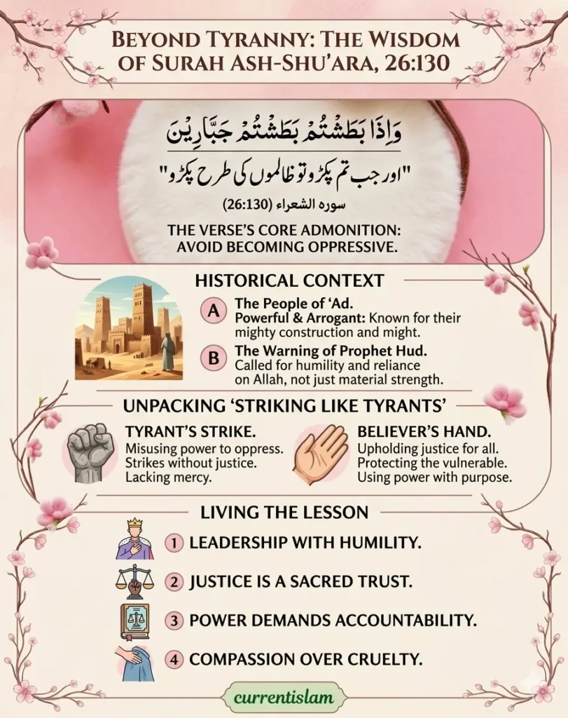 An educational infographic titled "Beyond Tyranny: The Wisdom of Surah Ash-Shu'ara 26:130". It features the Arabic verse and Urdu translation, explains the historical context of Prophet Hud and the People of Ad, contrasts a tyrant's strike with a believer's hand, and lists four practical lessons on leadership and justice. Branded by currentislam.