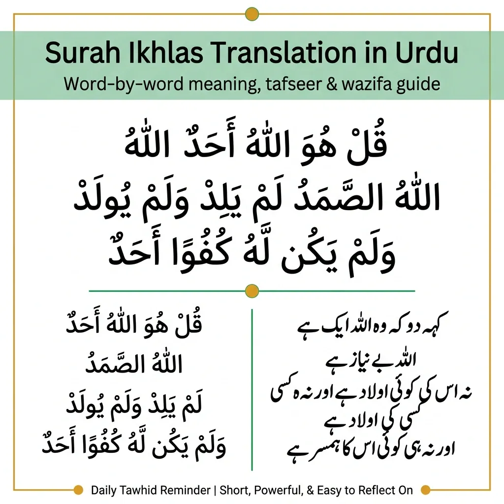 A clean, modern Islamic infographic on a white background with thin green and gold borders and accents. At the top, a transparent green-tinted band contains the large, clear text 'Surah Ikhlas Translation in Urdu'. Below it, smaller text reads 'Word-by-word meaning, tafseer & wazifa guide'. Centered below this title area, the main Arabic text of Surah Al-Ikhlas (112) is rendered in large, clear Thuluth or Nastaliq style, reading: قُلْ هُوَ اللَّهُ أَحَدٌ / اللَّهُ الصَّمَدُ / لَمْ يَلِدْ وَلَمْ يُولَدْ / وَلَمْ يَكُن لَّهُ كُفُوًا أَحَدٌ. The image is then split into two clean columns separated by a thin green line. The left column, with short, line-by-line Arabic verse text in smaller font, lists the individual verses: قُلْ هُوَ اللَّهُ أَحَدٌ, اللَّهُ الصَّمَدُ, لَمْ يَلِدْ وَلَمْ يُولَدْ, وَلَمْ يَكُن لَّهُ كُفُوًا أَحَدٌ. The right column contains the Urdu translation in a clear Urdu font (Nastaliq style): 'کہہ دو کہ وہ اللہ ایک ہے', 'اللہ بے نیاز ہے', 'نہ اس کی کوئی اولاد ہے اور نہ وہ کسی کی اولاد ہے', and 'اور نہ ہی کوئی اس کا ہمسر ہے'. At the very bottom, a small tagline of English text reads: 'Daily Tawhid Reminder | Short, Powerful, & Easy to Reflect On'.