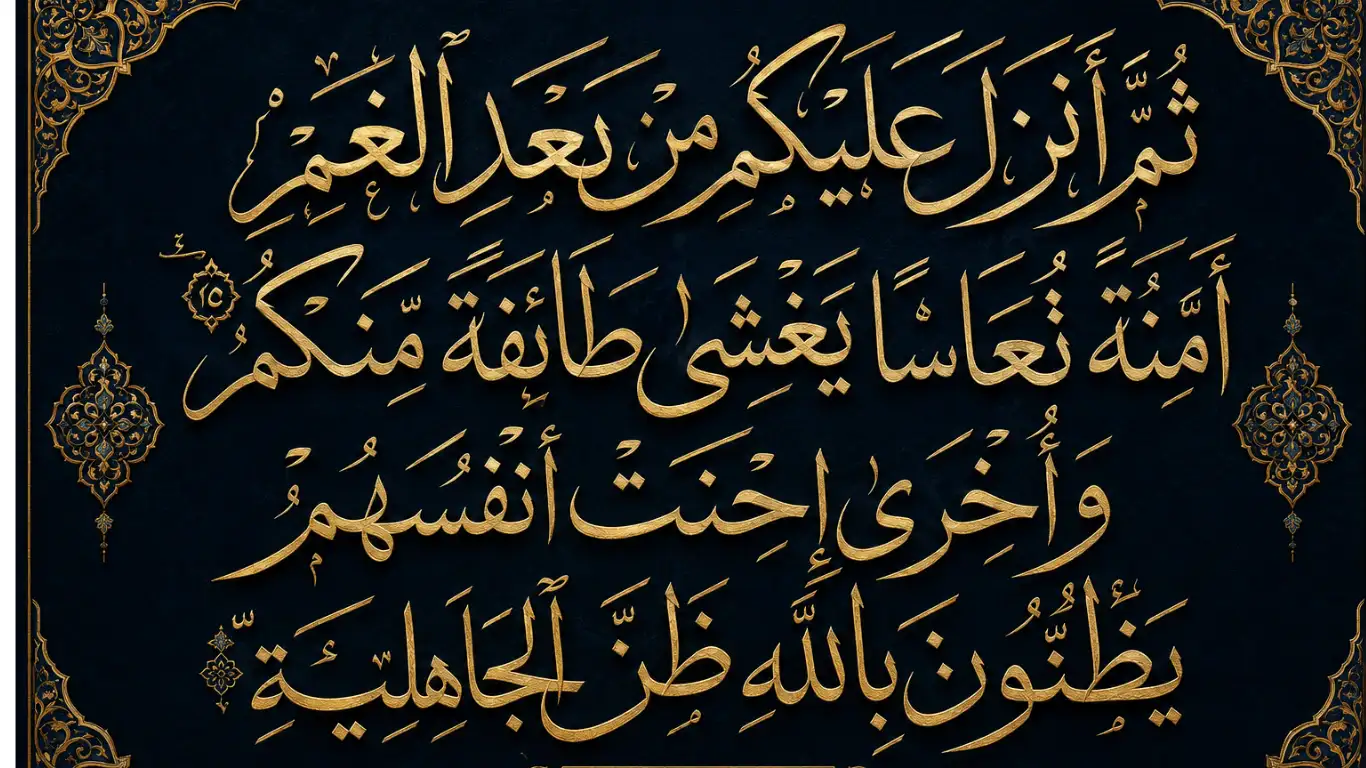 Elegant Thuluth Arabic calligraphy of Surah Aal-e-Imran Ayat 154 in golden Islamic typography on dark ornamental background.