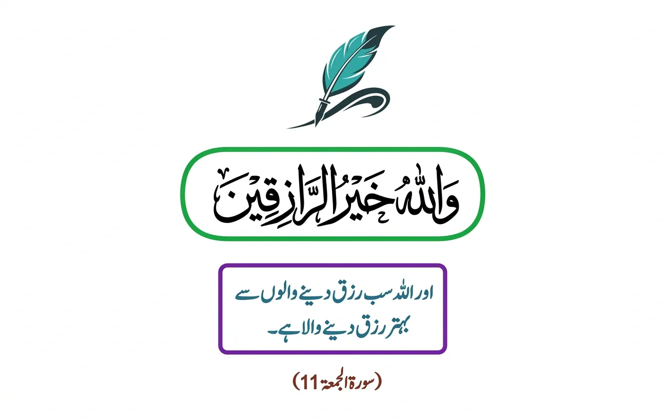 Islamic calligraphic art of Surah Al-Jumu'ah 62:11. A teal feather at the top. Arabic text 'Wallahu Khairur Raziqeen' in a green border. Urdu translation 'Allah sab se behtar rizq dene wala hai' in a purple border.
