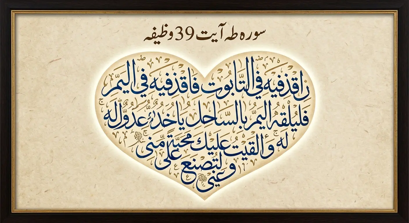 A beautiful heart-shaped Islamic calligraphy design featuring Surah Taha Ayat 39 written in Thuluth script, with "Surah Taha Ayat 39 Wazifa" written in Urdu at the top on a textured background.