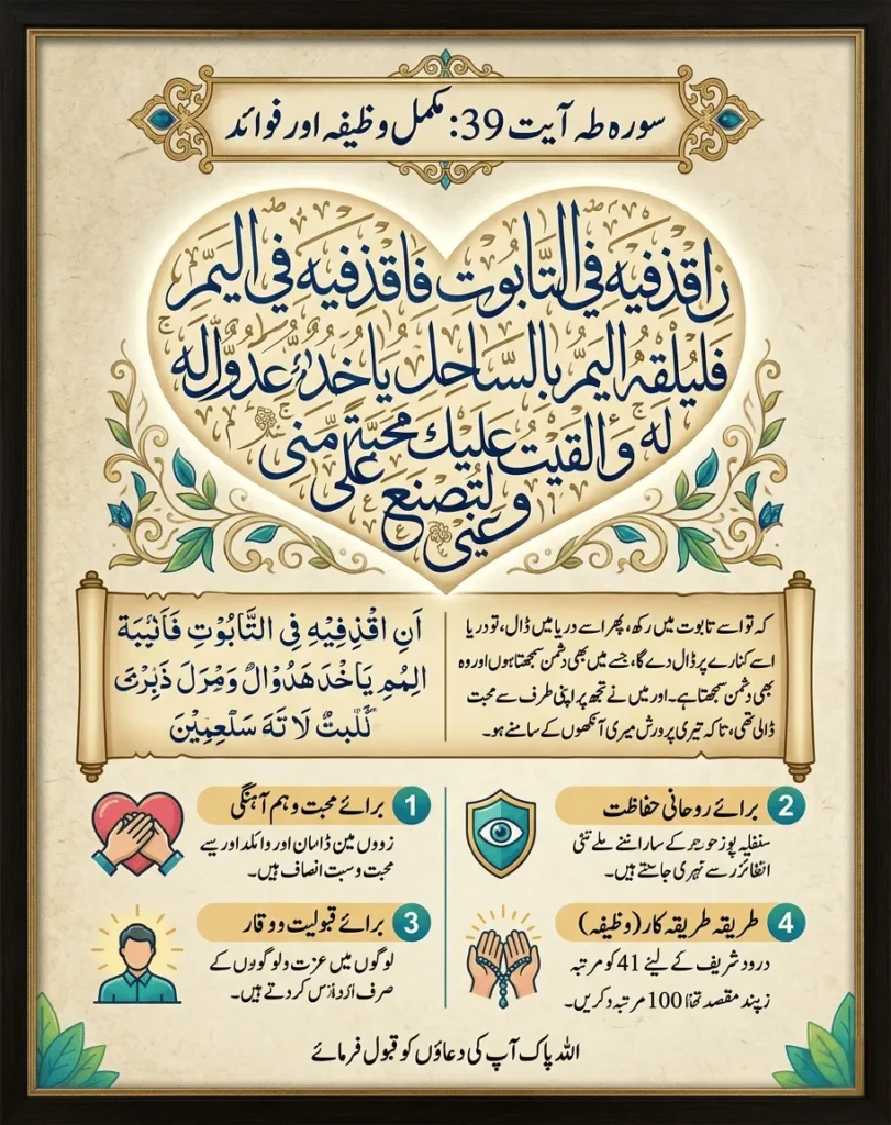 An elegant, framed Islamic infographic guide on Surah Taha Ayat 39, featuring ornate heart-shaped Arabic calligraphy, a parchment panel with full Arabic verse and corresponding Urdu translation, and detailed Wazifa instructions for four specific benefits: Love & Harmony, Spiritual Protection, Acceptance & Dignity, and the precise method of recitation. This comprehensive parchment guide provides a premium spiritual resource.