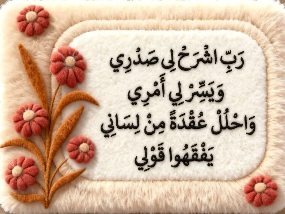 3D embossed black Arabic calligraphy of Surah Ta-Ha verses 25-28 (Rabbi Ishrah Li Sadri) on a textured cream faux-fur background, decorated with handcrafted terracotta felt flowers.