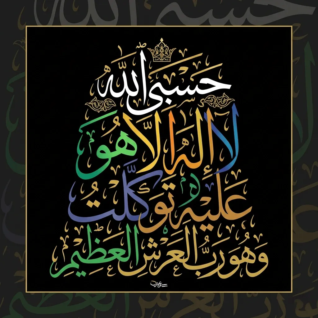 Vibrant, layered Thuluth Arabic calligraphy of the Quranic verse Hasbiyallahu la ilaha illa Huwa on a black background framed by a gold border.