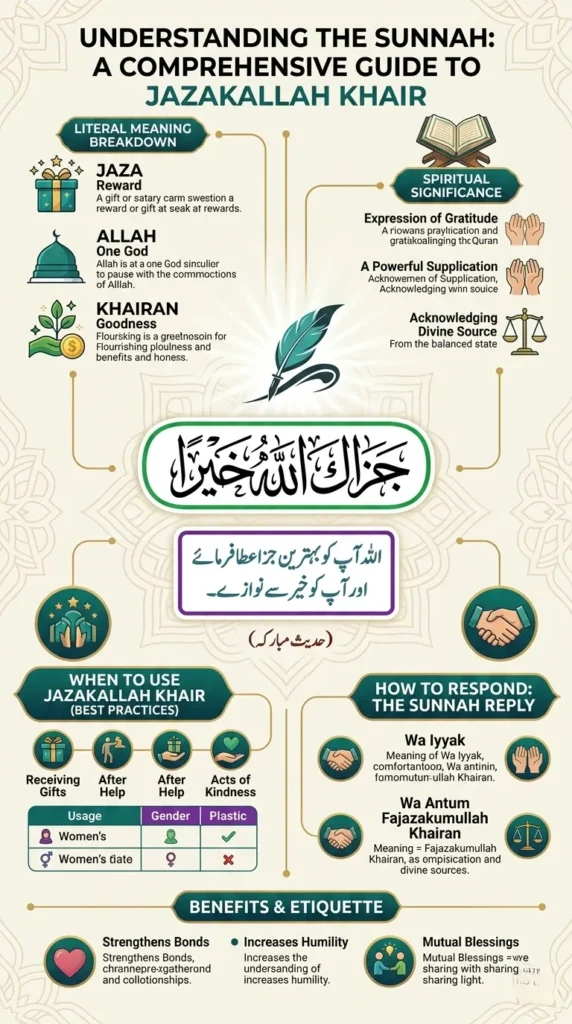 Islamic infographic explaining JazakAllah Khair meaning, reply, Sunnah, and benefits