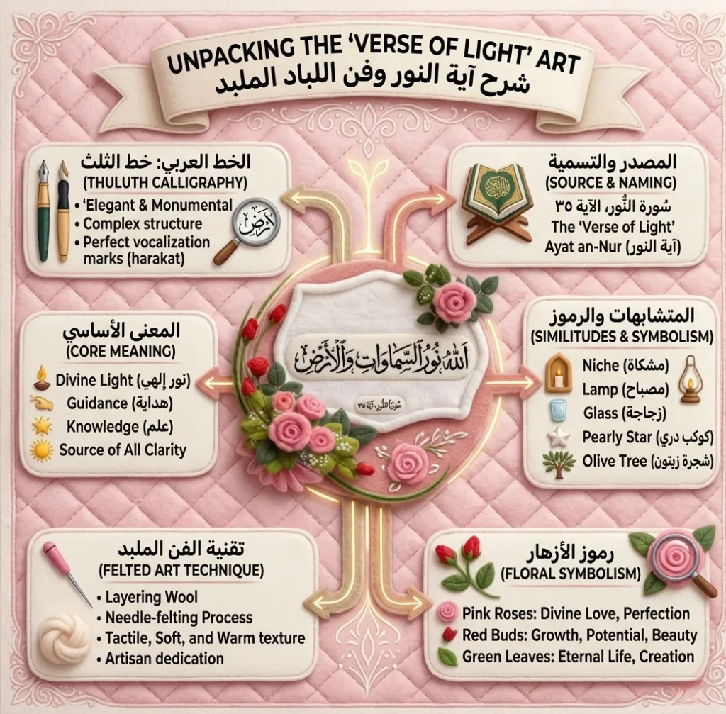 A detailed infographic titled "UNPACKING THE 'VERSE OF LIGHT' ART" in English and Arabic. The image is set against a soft pink quilted background and is organized into six key sections around a central felted artwork of the 'Verse of Light' (Surah An-Nur, Verse 35) in Thuluth calligraphy script. Clockwise from the top-left, the sections detail: 1. Thuluth Calligraphy features (elegant, monumental, complex, perfect vocalization), with pens and a magnifying glass. 2. Source & Naming (Surah An-Nur, Verse 35, 'Verse of Light', Ayat an-Nur), with an open Quran. 3. Similitudes & Symbolism (Niche, Lamp, Glass, Pearly Star, Olive Tree), with corresponding icons. 4. Floral Symbolism (Pink Roses: Divine Love, Perfection; Red Buds: Growth, Potential, Beauty; Green Leaves: Eternal Life, Creation). 5. Felted Art Technique (Layering Wool, Needle-felting Process, tactile texture, artisan dedication), with wool and tools. 6. Core Meaning (Divine Light, Guidance, Knowledge, Source of All Clarity), with symbolic icons.