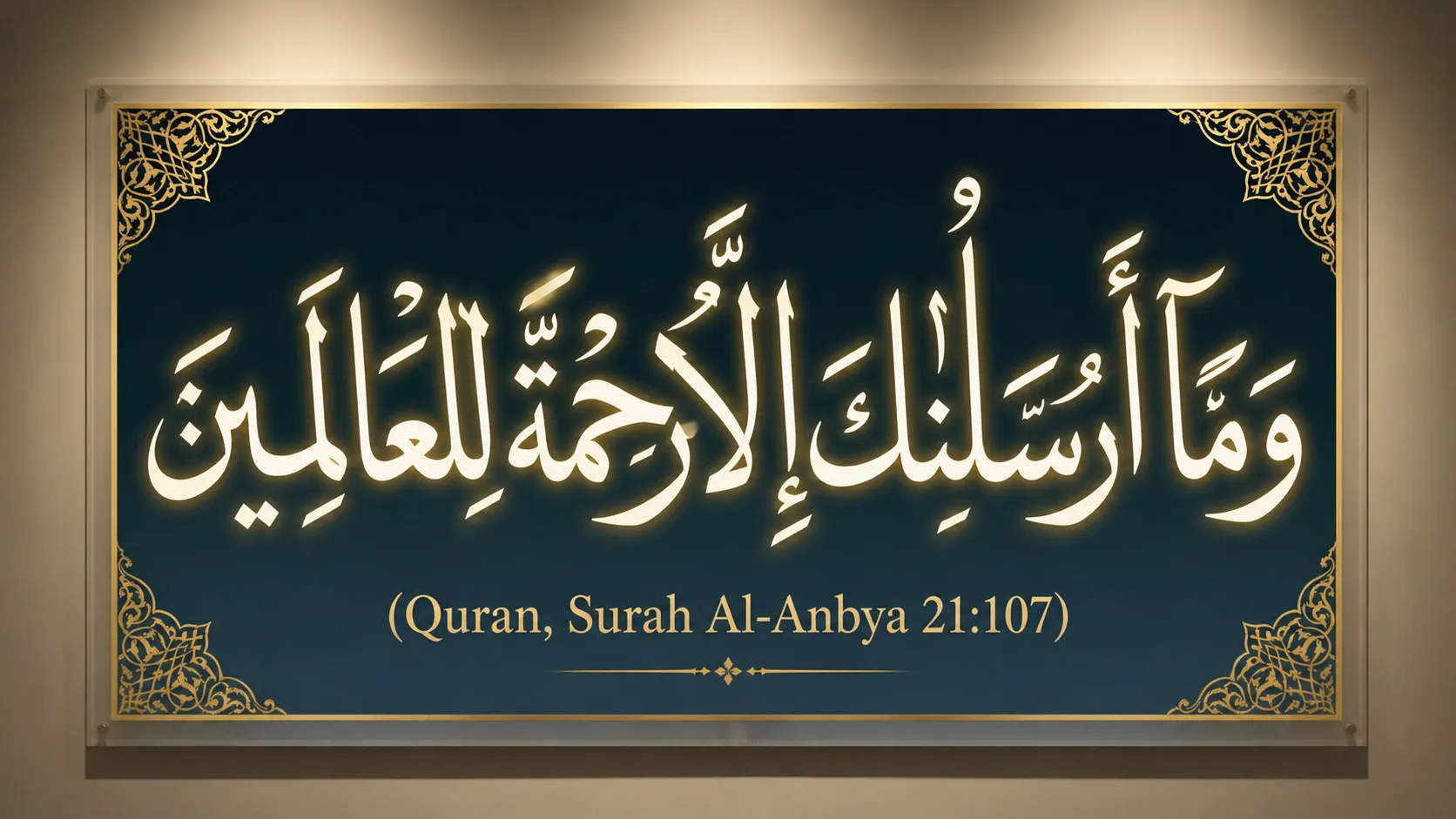 Thuluth Arabic calligraphy of “Wa Ma Arsalnaka Illa Rahmatan Lil Aalameen” Surah Al-Anbiya 21:107 in elegant gold Islamic art style
