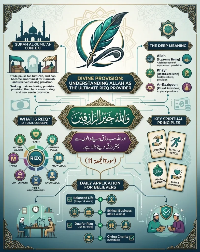 Detailed Islamic infographic on Wallahu Khairur Raziqeen featuring Arabic Thuluth calligraphy, Urdu translation, and the spiritual dimensions of Rizq.