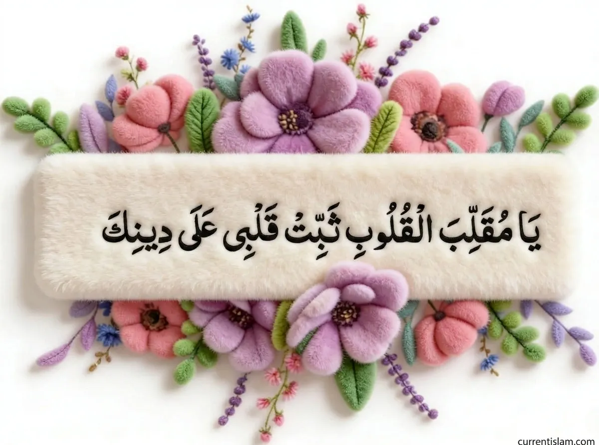 3D plush and felt style digital art featuring a fluffy white rectangular faux fur plaque containing elegant black Arabic calligraphy of the dua: "يَا مُقَلِّبَ الْقُلُوبِ ثَبِّتْ قَلْبِي عَلَى دِينِكَ" framed by soft purple and pink pastel plush flowers and green felt leaves.