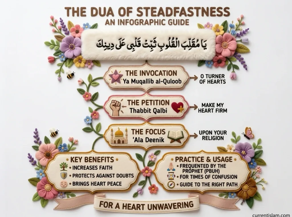 Full visual infographic titled "The Dua of Steadfastness: An Infographic Guide" in a unique 3D felt craft design style. It breaks down the Arabic prayer "يَا مُقَلِّبَ الْقُلُوبِ ثَبِّتْ قَلْبِي عَلَى دِينِكَ" into semantic parts: The Invocation (Ya Muqallib al-Quloob - O Turner of Hearts), The Petition (Thabbit Qalbi - Make My Heart Firm), and The Focus ('Ala Deenik - Upon Your Religion). The bottom sections map out Key Benefits (Increases faith, protects against doubts, brings heart peace) and Practice & Usage based on authentic Hadith.