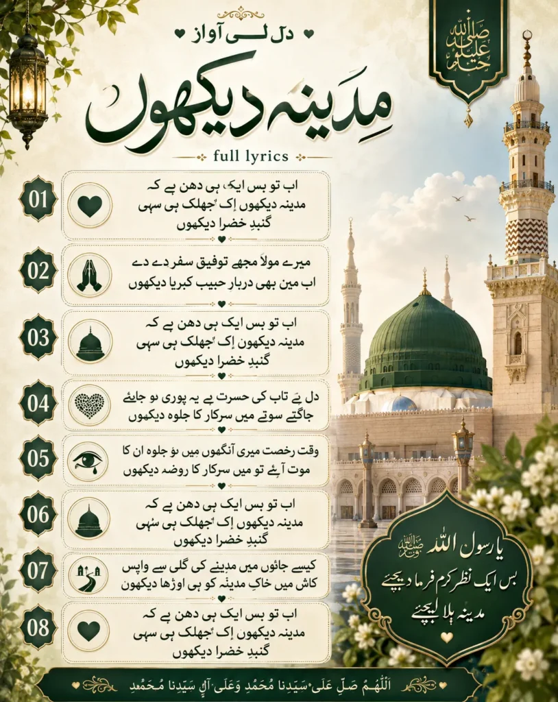 A vertical infographic displaying the complete 8 verses of the Ab To Bas Ek Hi Dhun Hai Naat lyrics in pure Urdu calligraphy, featuring the Green Dome of Madinah in the background.