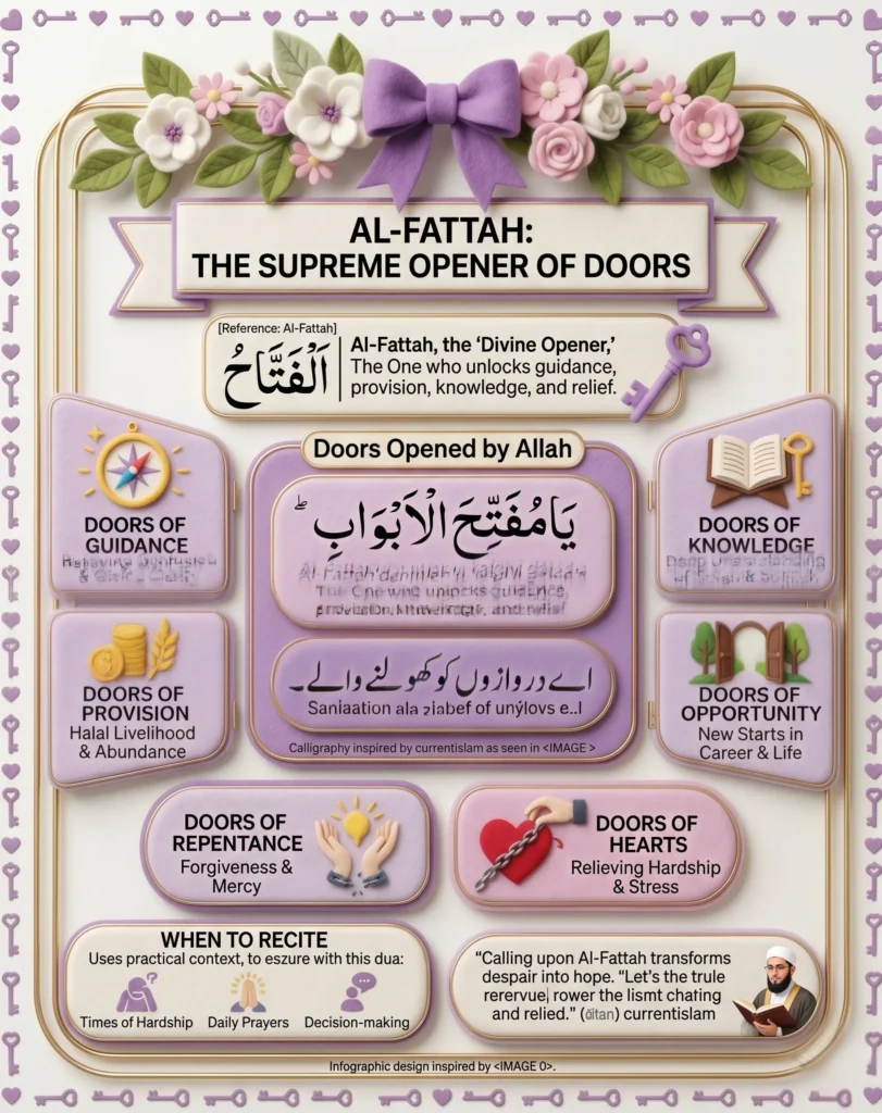 Educational infographic on 'AL-FATTAH: THE SUPREME OPENER OF DOORS' in a felt-art style with nested gold frames and purple and pink elements. Explains Al-Fattah calligraphic name, its definition as unlocking guidance, provision, knowledge, and relief. Center block highlights the 'Ya Mufattih al-Abwab' dua in full Arabic script with transliteration and translation, followed by its Urdu translation. Detailed cards with icons and text explain doors of Guidance, Knowledge, Provision, Opportunity, Repentance, and Hearts. 'WHEN TO RECITE' section with icons for context. Concluding quote from currentislam alongside a scholar portrait.