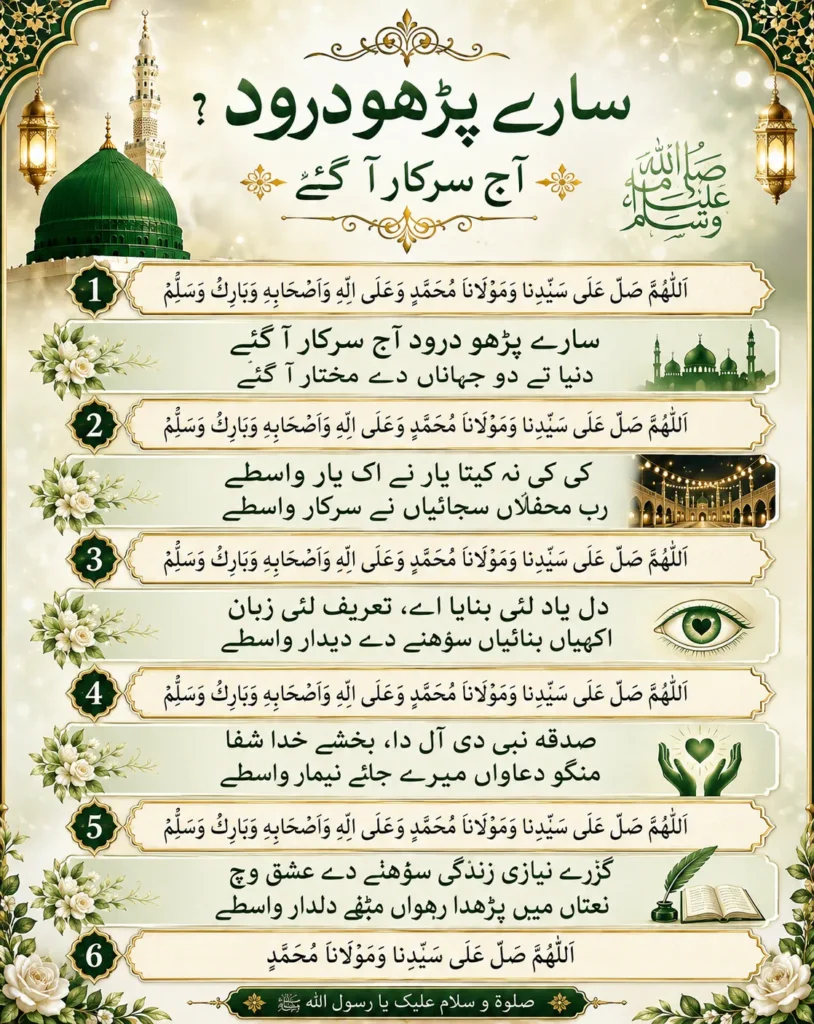 Step-by-step infographic displaying the complete Allah Huma Sale Ala Naat lyrics in Urdu, alternating between the Arabic Durood and Punjabi verses, decorated with the Green Dome of Masjid-e-Nabawi.