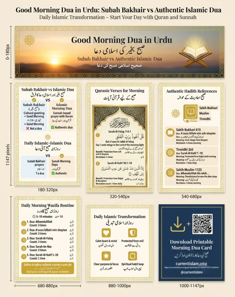 Infographic detailing the authentic Good Morning Dua in Urdu. Includes a comparison of Subah Bakhair vs Sunnah prayers, Quranic verses from Surah Al-Falaq and Al-Kahf, Hadith references, and a 5-step daily morning wazifa routine.