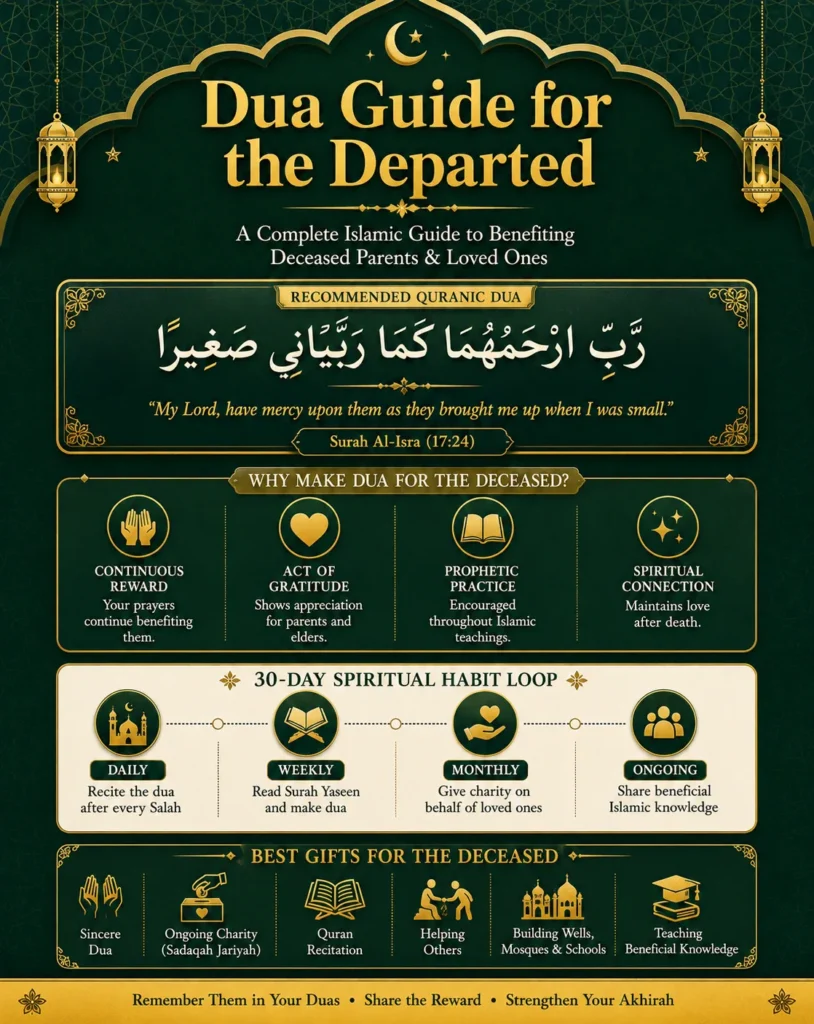Comprehensive Islamic infographic explaining dua for the deceased, featuring Surah Al-Isra verse 17:24, benefits of praying for departed loved ones, 30-day spiritual habit loop, sadaqah jariyah, Quran recitation, and charitable acts.