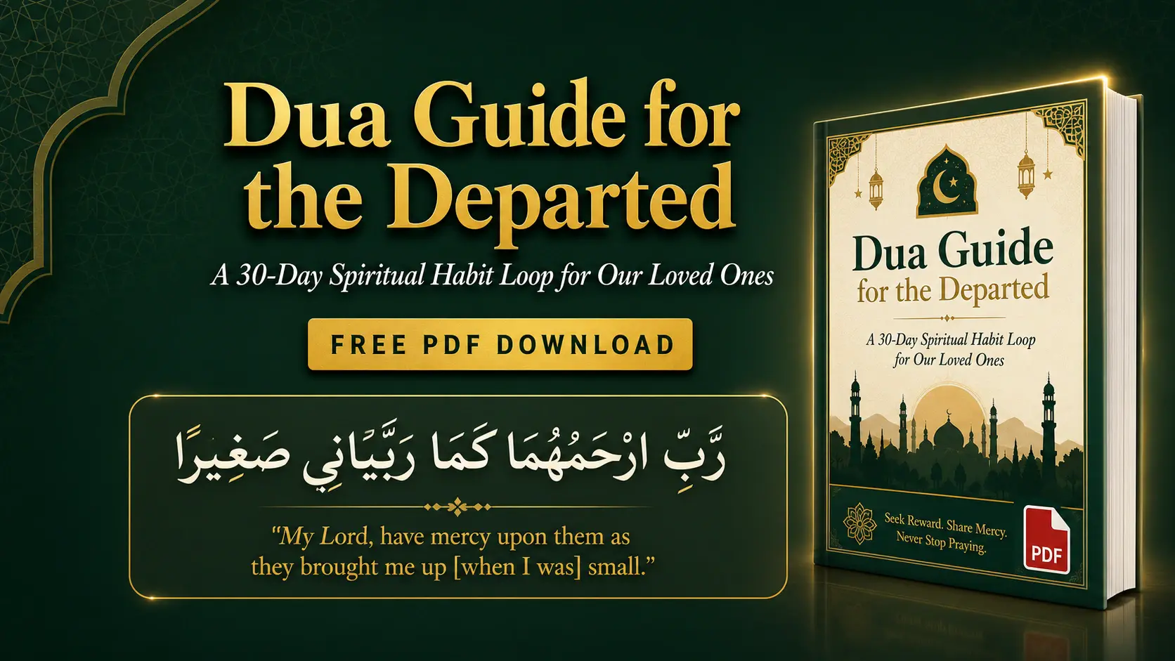Islamic featured image titled Dua Guide for the Departed with Quranic dua Rabbir hamhuma kama rabbayani sagheera, elegant green and gold design, prayer for deceased parents and loved ones.