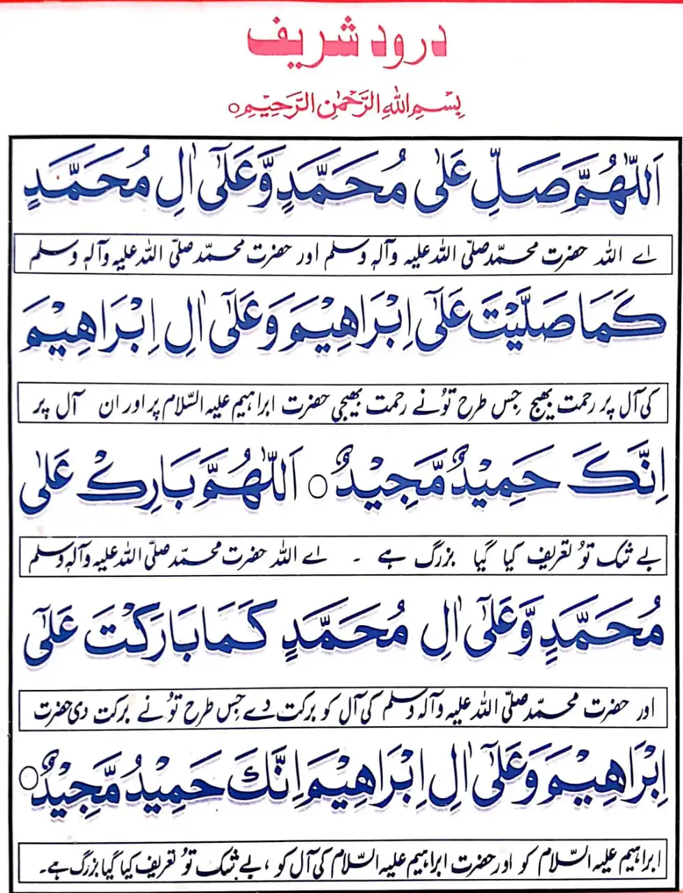 Durood Ibrahim in Arabic calligraphy with Urdu translation and explanation, featuring the complete Darood Sharif prayer recited in Salah for blessings upon Prophet Muhammad ﷺ and Prophet Ibrahim عليه السلام.