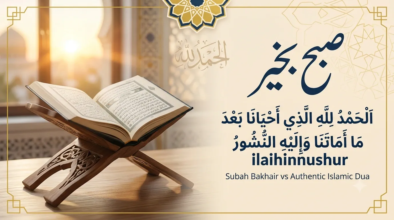 Open Quran on a wooden stand bathed in golden sunrise lighting, featuring elegant Urdu calligraphy for Subah Bakhair and Arabic text for authentic Islamic morning duas.