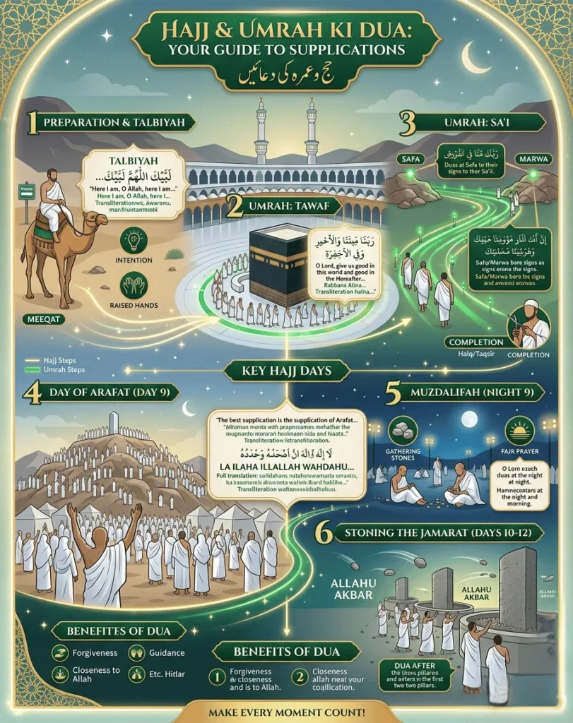 A vertical infographic titled 'Hajj & Umrah Ki Dua: Your Guide to Supplications.' It illustrates a step-by-step journey including Preparation, Tawaf around the Kaaba, Sa'i between Safa and Marwa, the Day of Arafat, Muzdalifah, and Stoning the Jamarat, along with the specific Arabic prayers and English translations for each step.