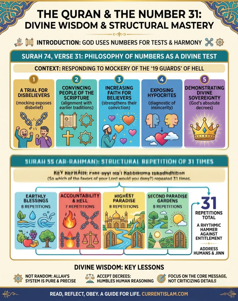 A detailed vertical infographic titled 'THE QURAN & THE NUMBER 31: DIVINE WISDOM & STRUCTURAL MASTERY'. It analyzes Surah 74:31 as a divine test with five points and details the exact 31 repetitions in Surah 55 (Ar-Rahman), showing the breakdown across Earthly Blessings, Hell, and Paradise. Features icons, illustrations, and clear English text.