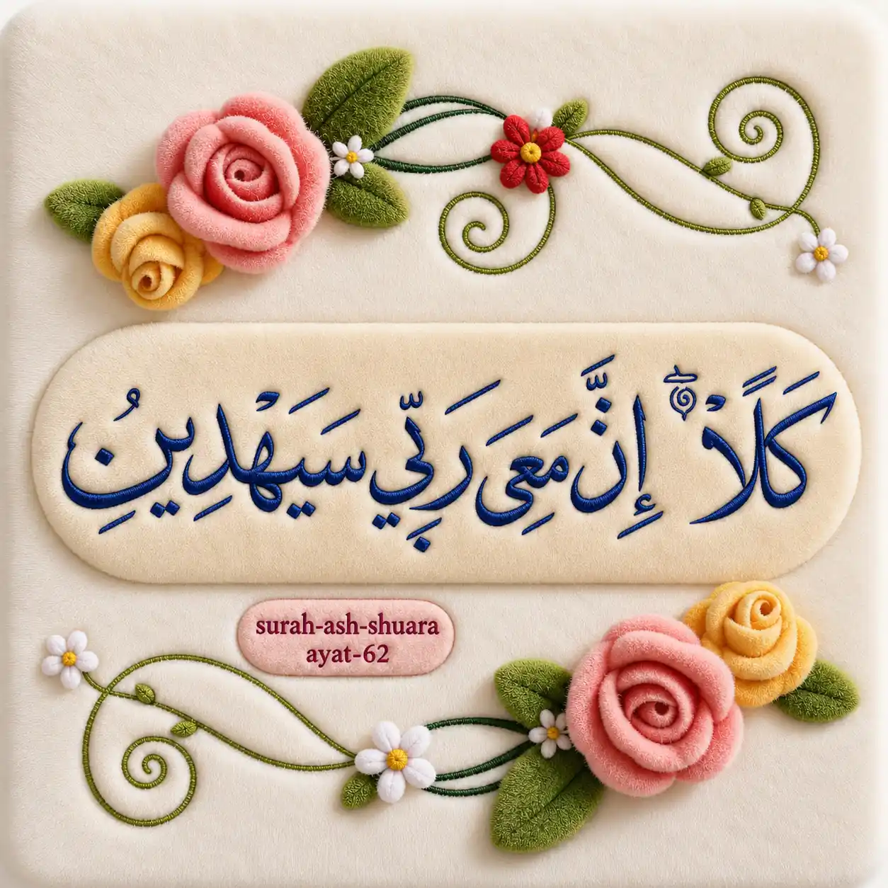 Thuluth Arabic calligraphy of “كَلَّا ۖ إِنَّ مَعِيَ رَبِّي سَيَهْدِينِ” from Surah Ash-Shu'ara Ayat 62 with embroidered floral roses and decorative Islamic artwork.