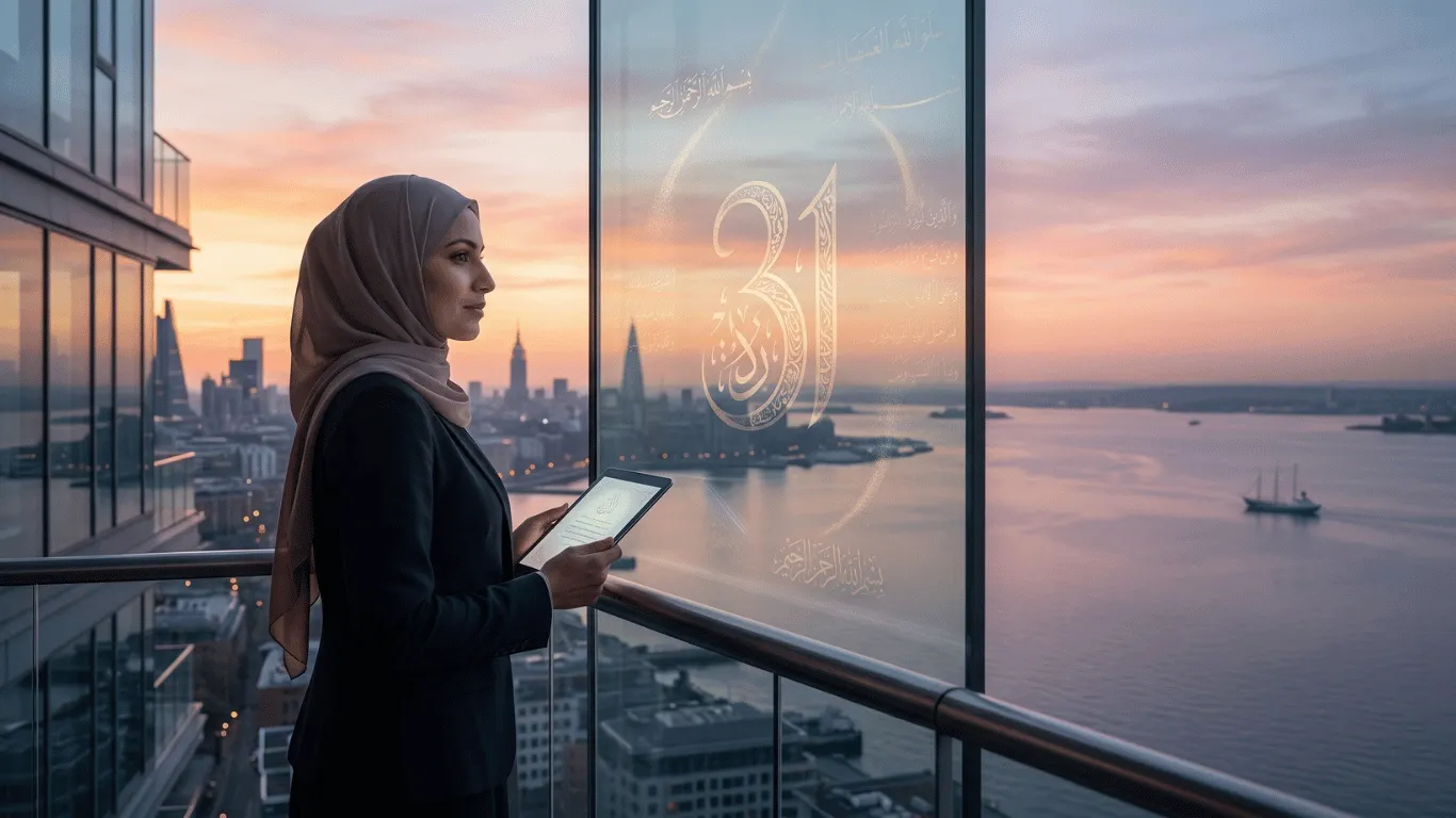 A professional Muslim woman in a modern suit and light pink hijab stands on a city balcony at sunset, holding a tablet and looking contemplatively at a modern glass panel etched with stylized golden Arabic calligraphy and the large number 31. In the far distance, a ship sails on a wide bay.