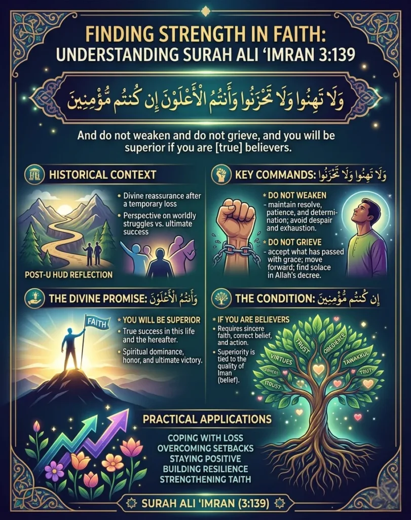 Educational infographic breaking down Surah Ali 'Imran verse 3:139. It illustrates the historical context after the Battle of Uhud, explains the key commands 'do not weaken' and 'do not grieve', outlines the divine promise, and lists practical applications for building spiritual resilience.