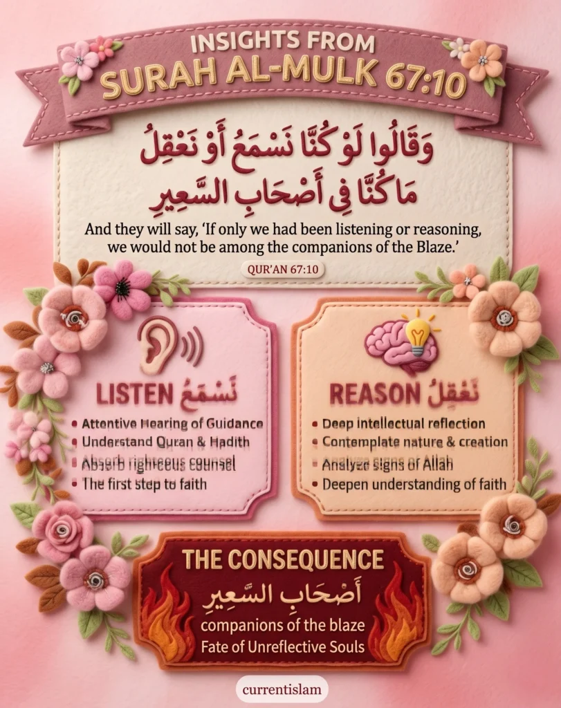 Educational infographic titled 'Insights from Surah Al-Mulk 67:10' explaining the psychological and spiritual meanings of the Arabic words for listen (nasma'u) and reason (na'qilu), designed by currentislam.
