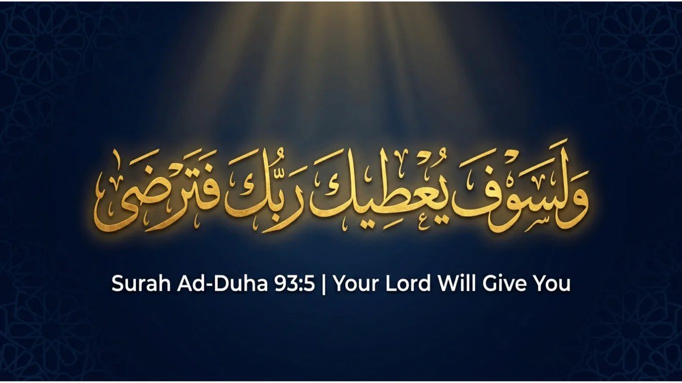 Golden Arabic calligraphy of Surah Ad-Duha verse 5 (Wala sawfa yuteeka rabbuka fatarda) on a dark navy blue geometric background with radiant light, featuring the English translation "Your Lord Will Give You.