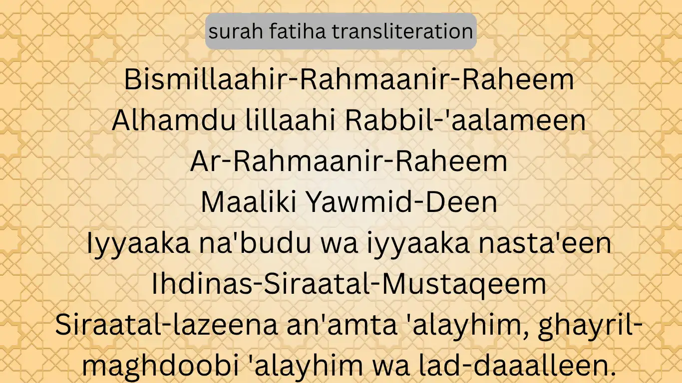English transliteration of Surah Al-Fatiha displaying the full verses from Bismillah to the end, set against a light orange Islamic geometric pattern background.