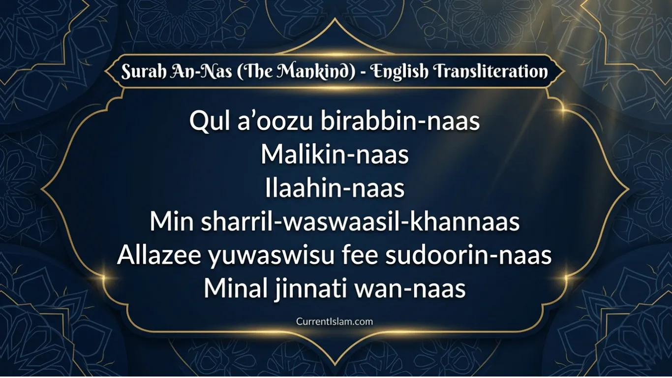 Complete English transliteration of Surah An-Nas displayed on a deep navy blue background with elegant gold Islamic geometric patterns and text reading "Qul a'oozu birabbin-naas..."