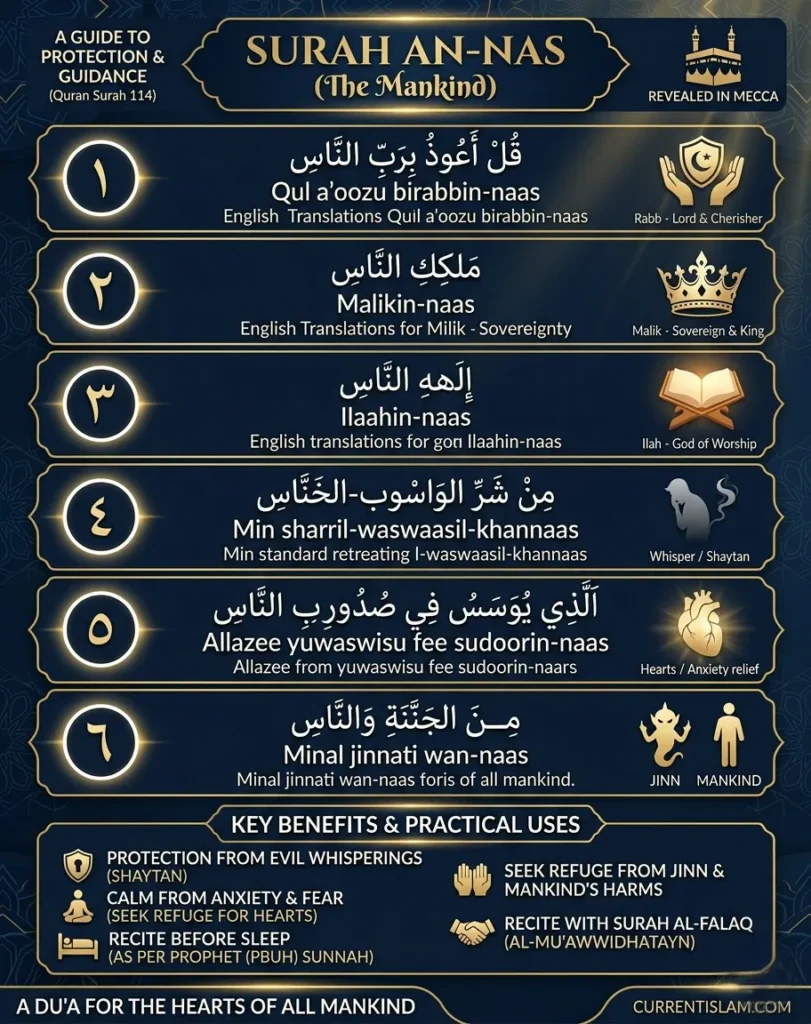 A detailed step-by-step infographic of Surah An-Nas (The Mankind) showing the Arabic text, English transliteration, and meaning for all six verses. It includes visual icons for concepts like Lord, Sovereign, and God, plus a section highlighting key benefits like protection from evil whisperings, anxiety relief, and reciting before sleep.