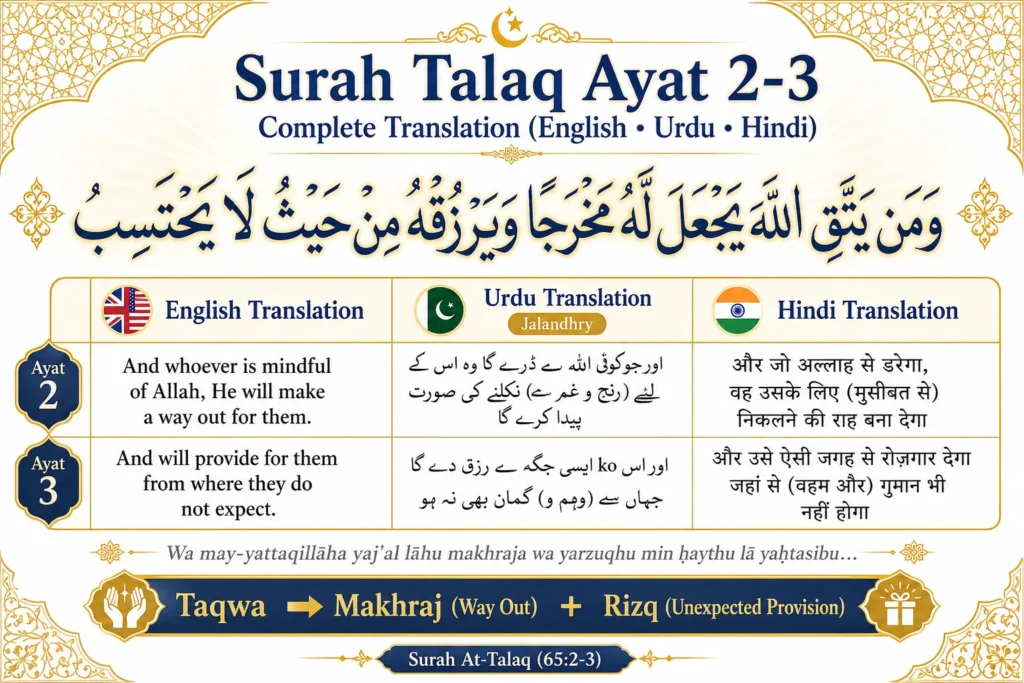 Multilingual Islamic infographic featuring Surah At-Talaq Ayat 2-3 in Arabic with English, Urdu Jalandhry, and Hindi translations displayed in a three-column comparison chart with elegant gold and navy Islamic design.