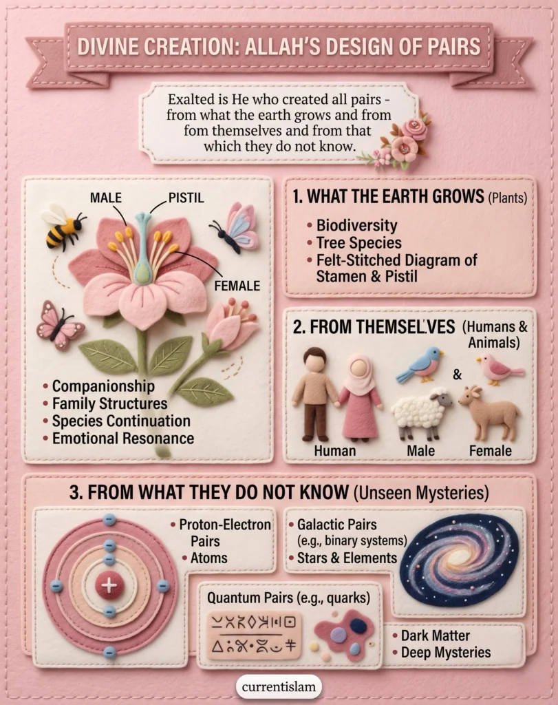 Infographic explaining the Tafseer of Surah Yasin Ayat 36, detailing Allah's creation of pairs in plants, humans, animals, and the unseen universe.