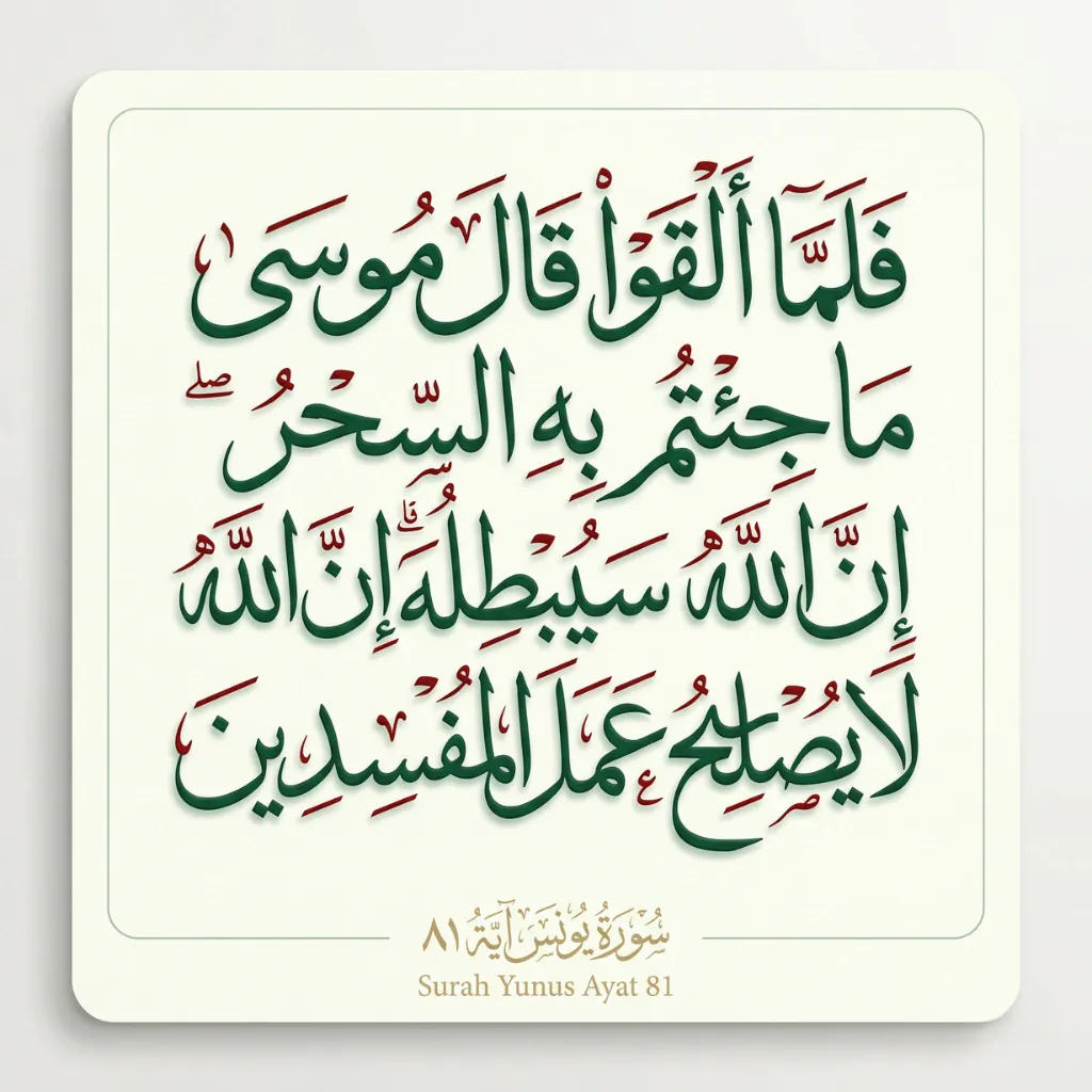 Traditional Thuluth Arabic calligraphy of Surah Yunus Ayat 81, reading "Falamma alqaw qala moosa", written in deep green ink with red Tashkeel (diacritics) on a cream background.