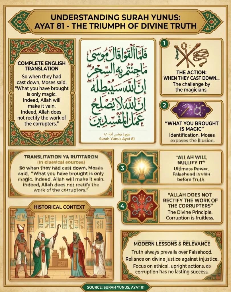 Detailed educational infographic for Surah Yunus Ayat 81 showing the Arabic verse, complete English translation, historical context of Prophet Musa's staff, and modern spiritual lessons for protection against black magic.