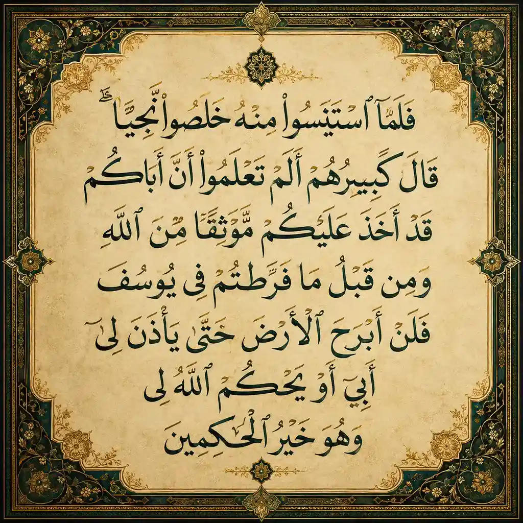 Beautiful Arabic calligraphy of Surah Yusuf Ayat 80 written in black traditional script on a vintage cream parchment, framed by intricate dark green and gold Islamic floral borders.
