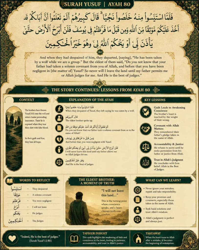 A detailed educational infographic for Surah Yusuf Ayah 80. It features the Arabic text, English translation, contextual background, phrase-by-phrase explanation, key lessons on accountability, and a vocabulary word bank.