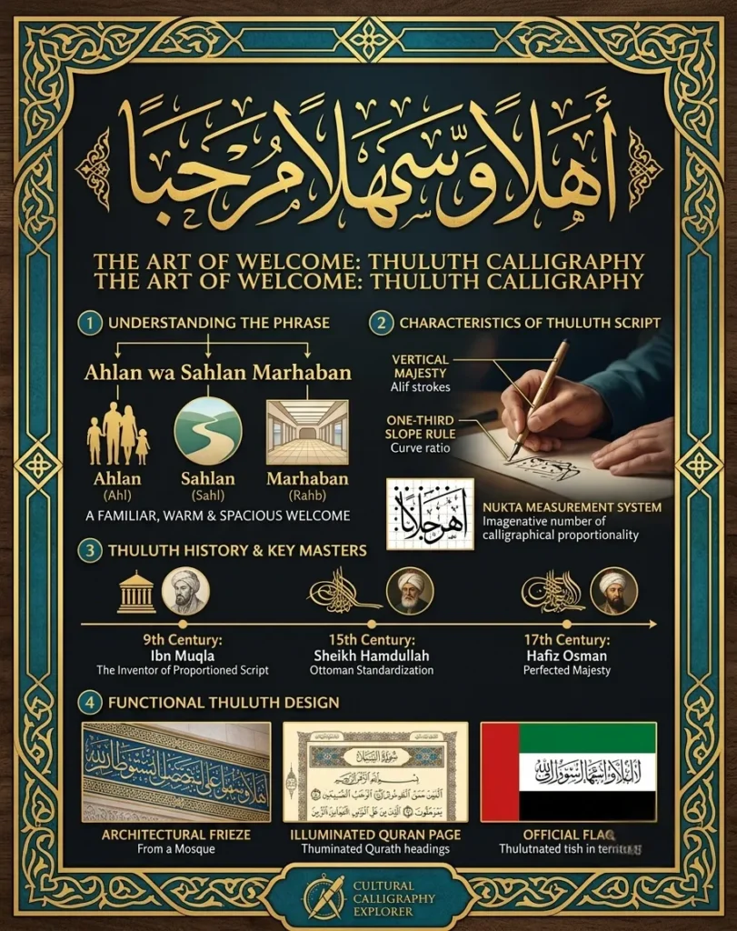 Detailed infographic explaining Thuluth calligraphy. It includes a linguistic breakdown of Ahlan wa Sahlan Marhaban, geometric rules like the Nukta measurement system, a timeline of key historical calligraphers, and examples of architectural functional design.
(Breaks down the actual data points within the image, which is crucial for SEO when text is embedded inside an image file.)