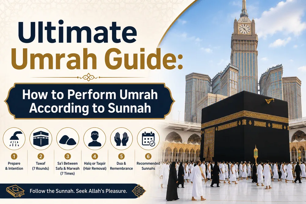 Ultimate Umrah Guide infographic showing the Kaaba in Makkah with six steps of performing Umrah according to Sunnah including Ihram, Tawaf, Sa'i, Halq or Taqsir, duas, and recommended Sunnahs.