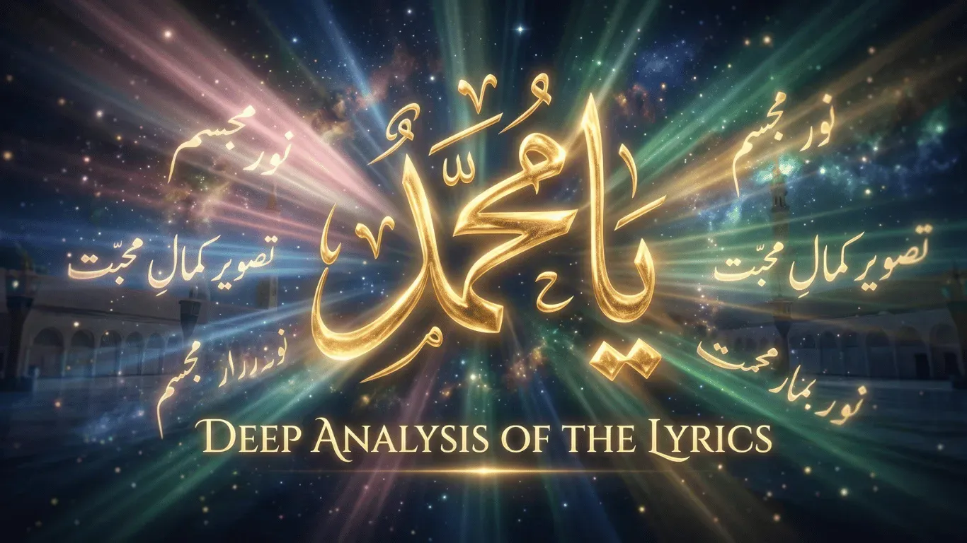 Golden Arabic calligraphy of Ya Muhammad Noor E Mujassam glowing against a celestial sapphire blue and emerald green background, representing Islamic poetry praising Prophet Muhammad.